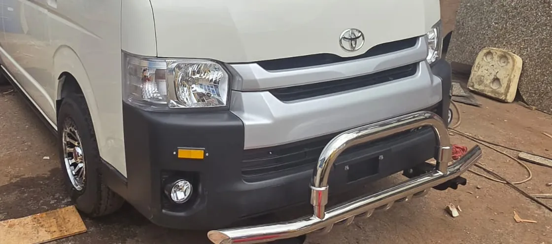 Chrome front bumper guard fitted to a Toyota Hiace at the workshop