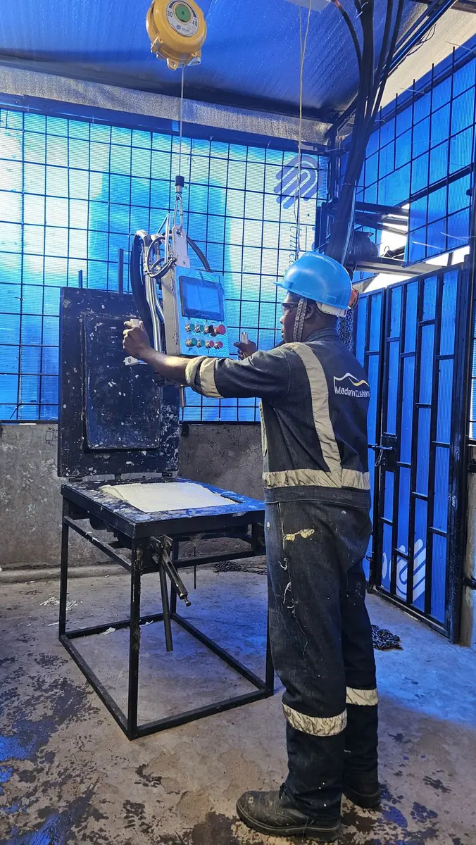 Foam being moulded at the workshop's foaming station